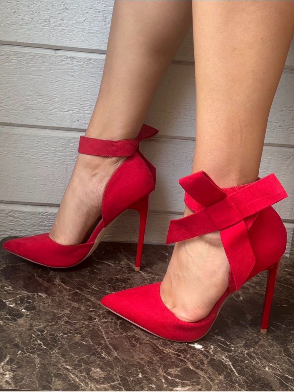 Red Ankle-Bow Pointed Stiletto Heels